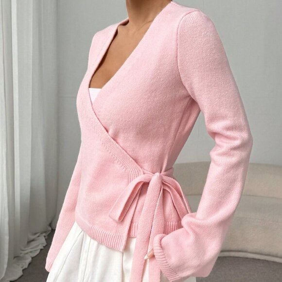 Pink Casual Women's Loose Tie-Front Long Sleeve Cardigan Tops - Picture 7 of 8